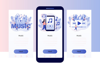 Media player app. Music play list. Tiny people listen music, sound, audio or radio online with smartphone. Screen template for mobile smart phone. Modern flat cartoon style. Vector illustration 