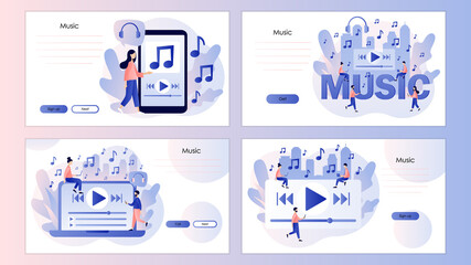 Music app. Tiny people listen music, sound, audio online. Media player. Screen template for mobile smart phone, landing page, template, ui, web, mobile app, poster, banner, flyer. Vector illustration