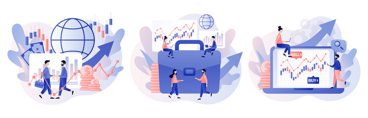 Trading online. Business, finance and trade. Tiny people buy and sell cryptocurrency, stocks and bonds for forex. Modern flat cartoon style. Vector illustration on white background