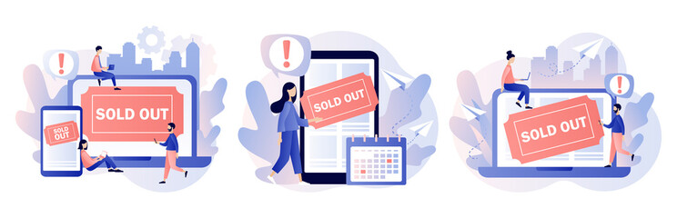 Sold-out event, sold-out crowd, no tickets available concept. Online booking system. Modern flat cartoon style. Vector illustration on white background