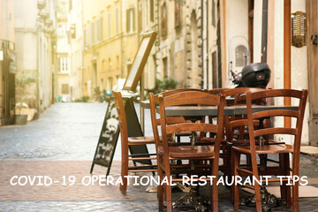 Covid-19 operational restaurant tips template ready for your use.  Dining table with chairs is standing in a empty urban street in the background.