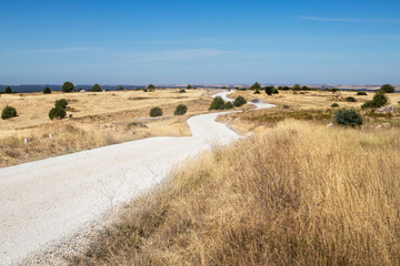 Obraz premium Rural road in the Spanish countryside among agricultural fields, after wheat harvest season. Cars driving on a dusty unsealed road. Summer time in the dry Spanish outback. Soria, near Madrid, Spain