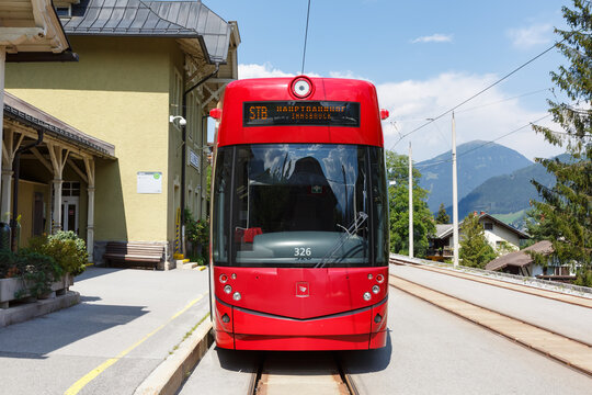 Stubaitalbahn Innsbruck Tram Bombardier train Fulpmes station in Austria