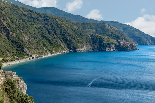 Coast, with the blue sea, of the district of Corniglia, commune of Vernazza, province of SpeziaItalia, Cinque Terre, Italy