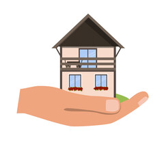 Fototapeta na wymiar Hand holding cosy home house in palm. Vector illustration on white background, dream home concept