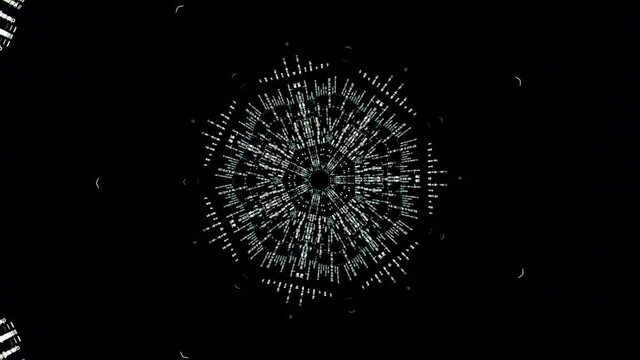 Kaleidoscope pattern of data and computer programming information on black background. Animation. Abstract informational funnel with computer running code, seamless loop.