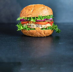 burger sandwich meat pork, beef or chicken homemade grilled cutlet and vegetables serving size healthy ething top view copy space for text