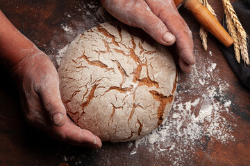 Obraz premium Baker holding fresh baked homemade bread
