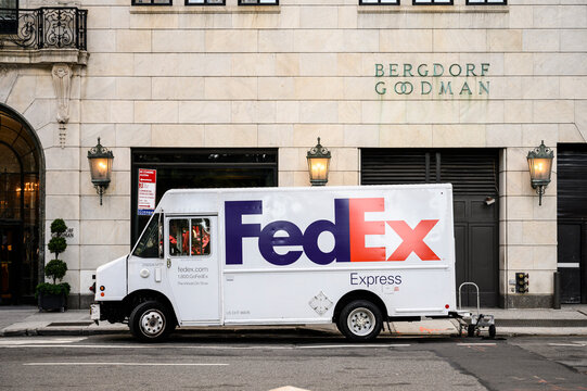 New York, New York, USA - September 12, 2020: A Fedex truck parked outside Bergdorff Goodman.