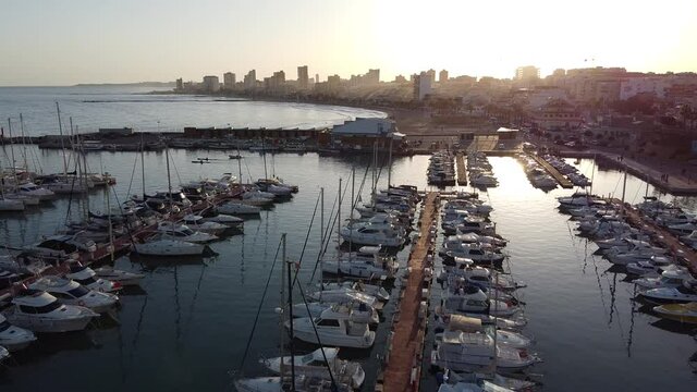 Sunset
in Spain with aerial footage of sail boats
