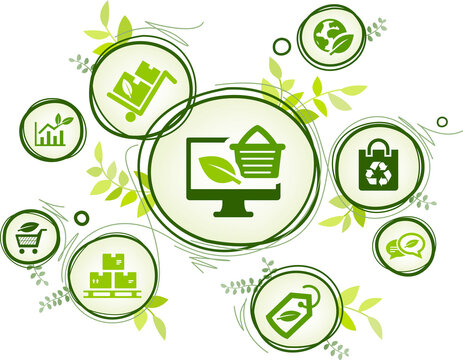 ecological product and packaging vector illustration. Green concept with icons related to environmentally friendly organic shopping or ecommerce, sustainable procurement or purchasing, zero waste.