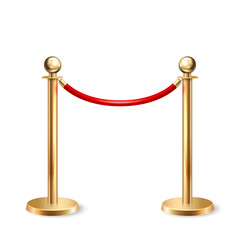 Vector 3d Realistic Fence for the Red Carpet Closeup Isolated on White Background. Red Barrier Rope. Golden pole. Front View. Luxury, VIP concept. Equipment for Events