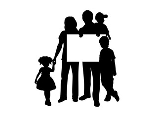 Large family silhouette holds banner blank white sheet for text space