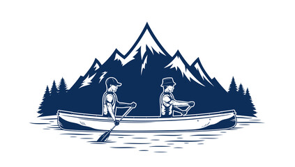 Two men canoeing on mountain lake vector illustration. Water sport and canoeing design concept