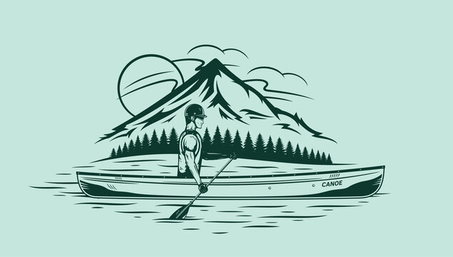 canoeist paddling on lake, mountain backdrop clip art preview