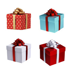 3d render, set of assorted square gift boxes with ribbon, holiday clip art isolated on white background