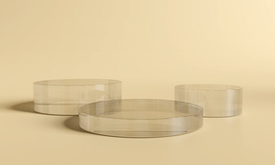 Abstract transparent product display podium on cream color background. 3D render