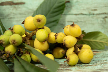 Medlar fruit (Eriobotrya japonica) on aged wooden background