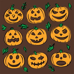 halloween funny, smiling, funny, horrible, fearsome pumpkin on dark brown background in vector