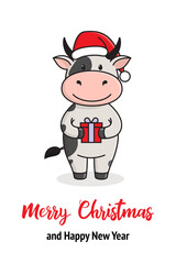 Cute Christmas card with cow or bull. Ox is symbol of the year 2021 according to the Chinese calendar. Ready-to-print greeting card with handwritten greeting "merry Christmas and happy new year"