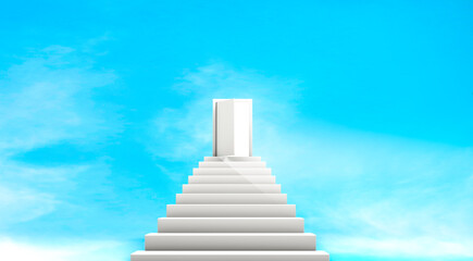 3d rendering, Abstract white stairway go up to the door, way to heaven or paradise, realistic mock up on blue sky background.   
