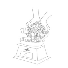 Hands pour coffee beans into a hand-held coffee grinder sketch. Art design stock vector illustration for product design, for packaging design, for coffee shop, for web, for print