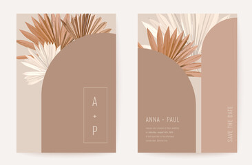 Wedding invitation minimalist card, boho art deco tropical palm leaves poster, frame set, modern minimal terracotta template vector. Save the Date golden foliage trendy design, luxury brochure