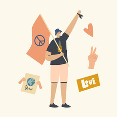 Pacifist Character with Flag and Peace Symbol Protesting on Demonstration, Man Protest for Love in World, Against War