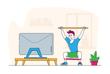 Man Doing Morning Exercises or Stretching Workout at Home. Male Character Healthy Lifestyle, Lunges with Rubber Tape