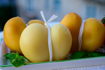 Cheese collection, Italian cheese scamorza made from cow milk in South Italy, white and yellow...
