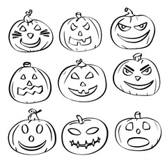 Halloween funny, smiling, funny, terrible, scary pumpkin in line on white background in vector