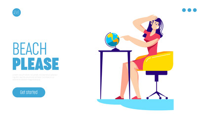 Vacation on tropical beach landing page template with woman planning trip destination