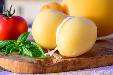 Cheese collection, Italian cheeses provolone, caciocavallo, scamorza made from sheep or cow milk in...