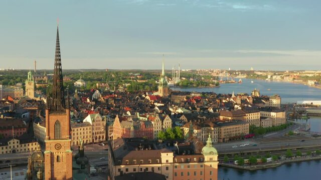 Stockholm old town drone shot on summer evening at sunset. old buildings