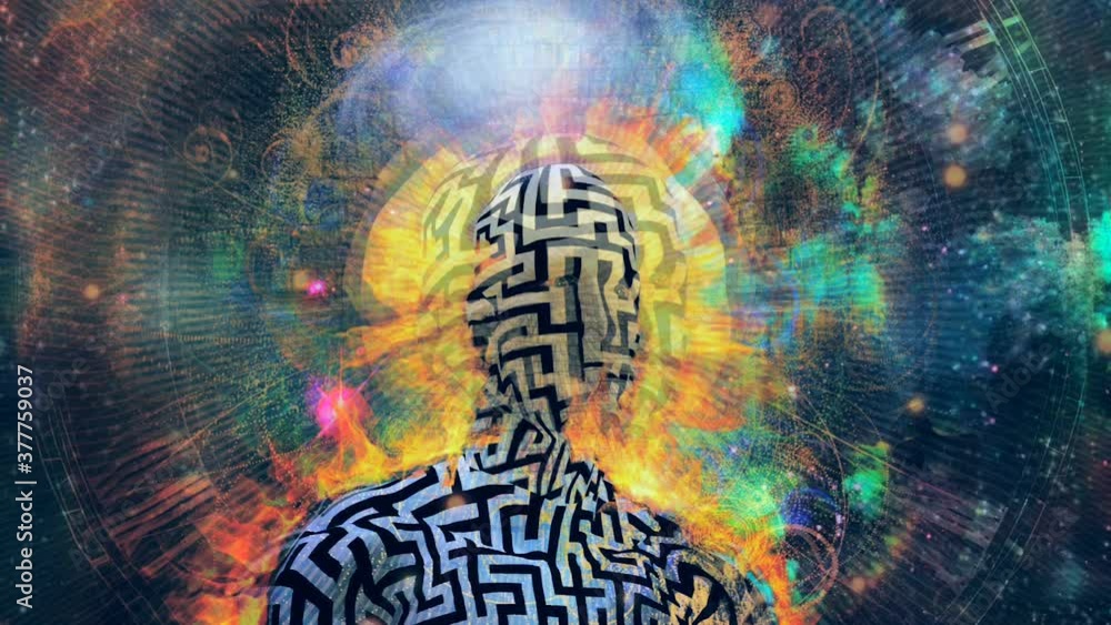 Poster burning man with maze pattern. clock face and vivid universe background
