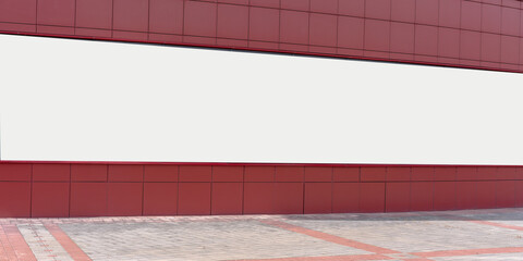 long empty avertising white banner for mockup place on red wall of city mall center