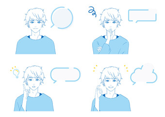 男性と色々な吹き出しのイラストセット