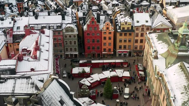 Christmas Market in the Old Town of Stockholm Sweden. Aerial winter drone view