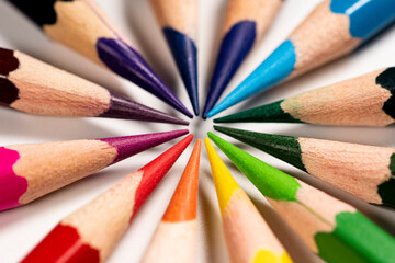 Colour pencils isolated on white background. Macro