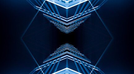 Light tunnel, dark long corridor room with neon lamps. Abstract neon, background with smoke and neon light. Concrete floor, symmetrical reflection and mirroring. 