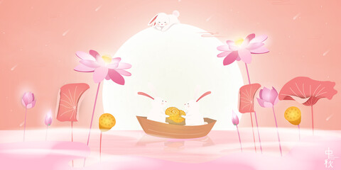Happy Mid autumn festival. Chinese translation: Mid Autumn Festival. Chinese Mid Autumn Festival design template for Banner, flyer, greeting card, poster with full moon, moon rabbits, lotus flower. © pipochka