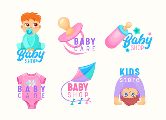 Set of Kids Store and Baby Shop Cartoon Icons. Little Babies, Soother and Milk Bottle with Kite Children Production Ad