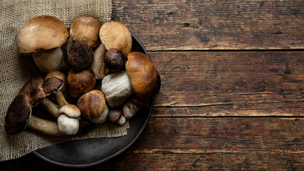 Fresh forest mushrooms /Boletus edulis (king bolete) / penny bun / cep / porcini in an old bowl / plate on the wooden dark brown table, top view background
