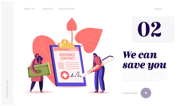 Life Protection, Secure Guarantee Landing Page Template. Tiny Female with Money Signing Health Insurance Contract