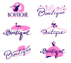Set of Boutique Lettering and Typography. Hand Drawn and Typing Writings with Elegant Cursive Font with Woman Dress, Hat