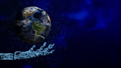 3D illustration World earth planet spin in space universe star galaxy hand hold abstract futuristic connect worldwide global network business digital transport technology Globe image furnished by NASA