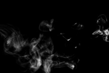 White natural steam smoke effect on solid black background with abstract blur motion wave swirl use for overlay in pollution, vapor cigarette, gas, dry ice, hot food, boil water 