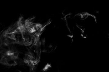 White natural steam smoke effect on solid black background with abstract blur motion wave swirl use for overlay in pollution, vapor cigarette, gas, dry ice, hot food, boil water 