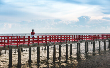 relaxing travel on red bridge on ocean in summer