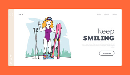 Hardening Body for Strong Health Landing Page Template. Woman Wearing Swimsuit Posing with Skis. Healthy Life, Sport